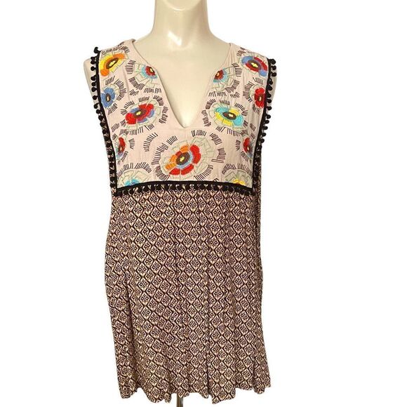 Ivy Jane Embroidered Notched Bib Pom Pom Trim Patterned Swing Sleeveless Top - Picture 1 of 16
